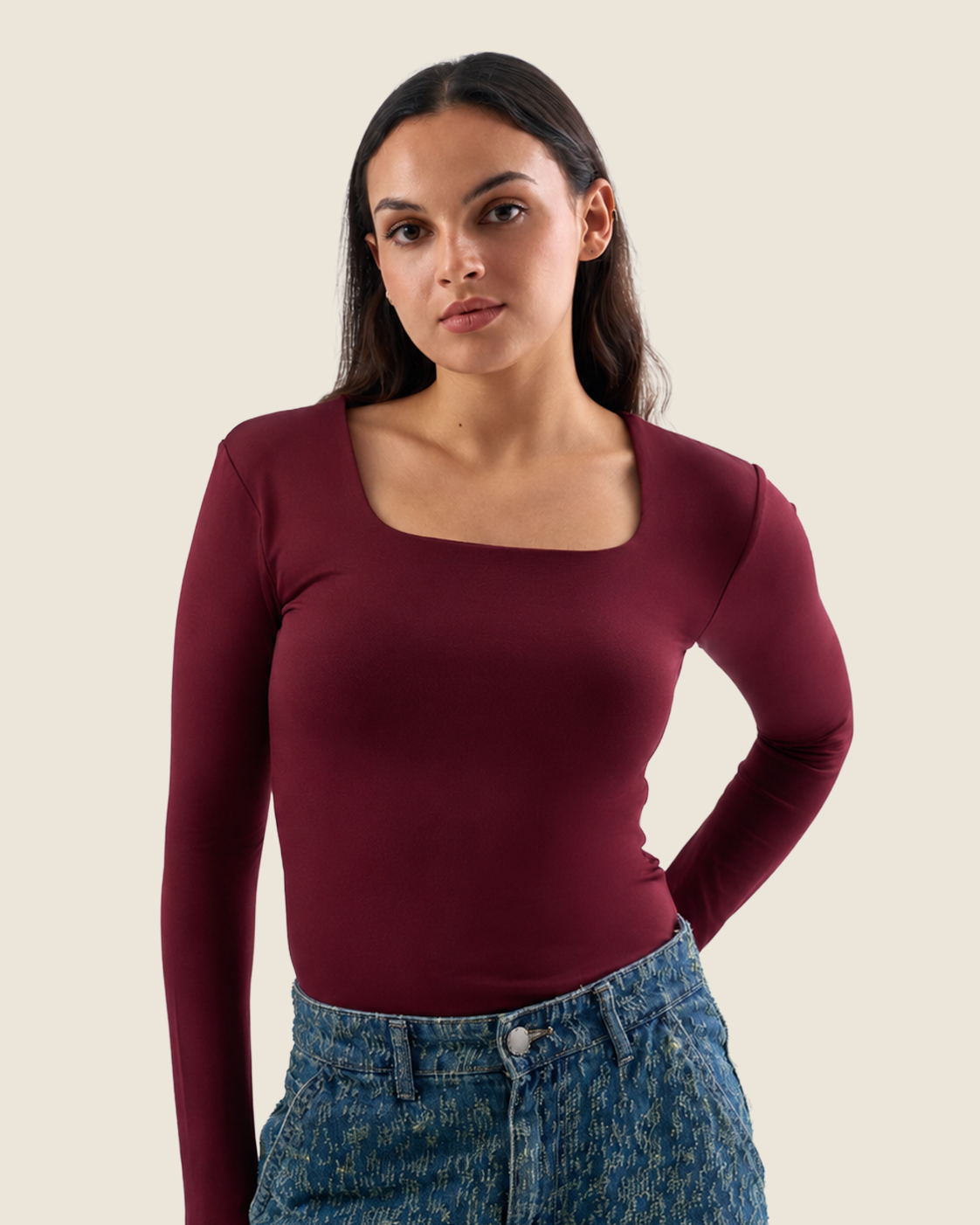 Squared Neck Long Sleeve Top - Burgundy