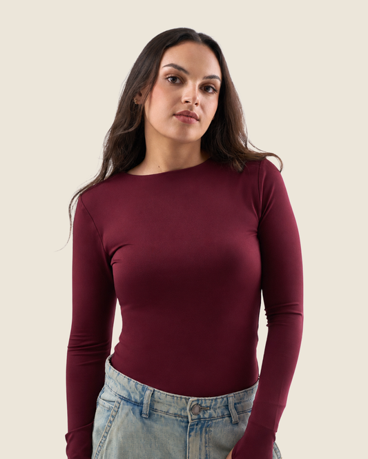 Crewneck Long Sleeve Top with Thumbhole - Burgundy