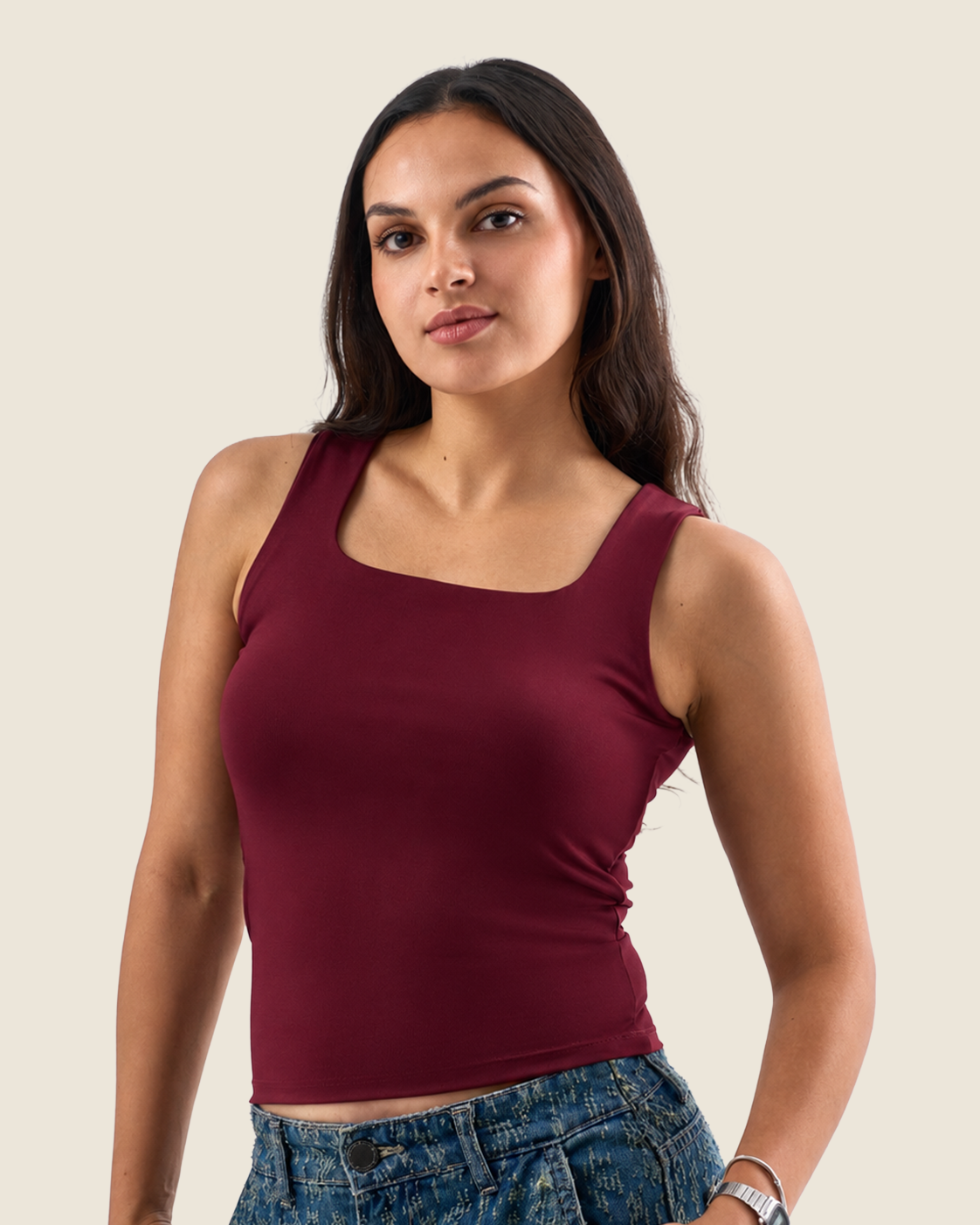 Squared Neck Tank Top - Burgundy
