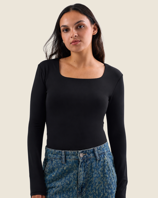 Squared Neck Long Sleeve Top - Black