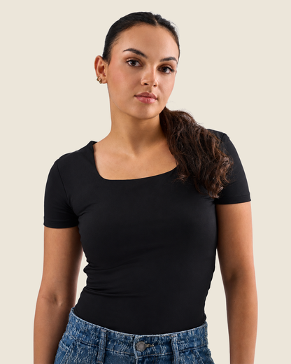 Squared Neck Short Sleeve Top - Black