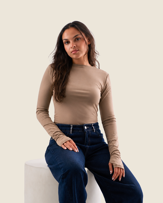 Crewneck Long Sleeve Top with Thumbhole - Cafe