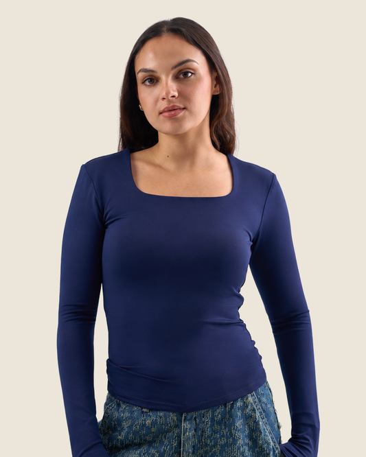 Squared Neck Long Sleeve Top - Navy Blue