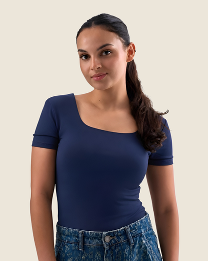 Squared Neck Short Sleeve Top - Navy Blue