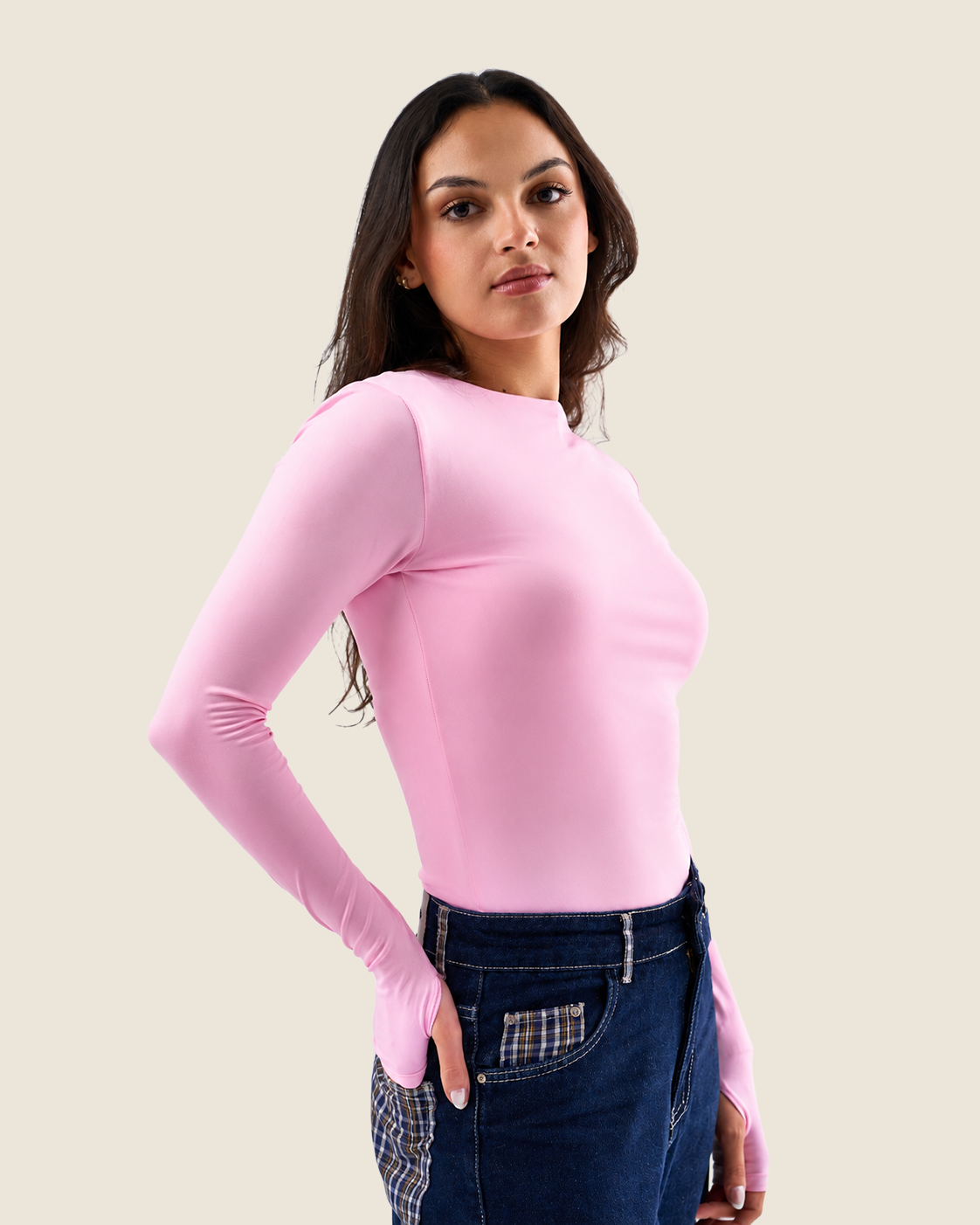 Crewneck Long Sleeve Top with Thumbhole - Rose
