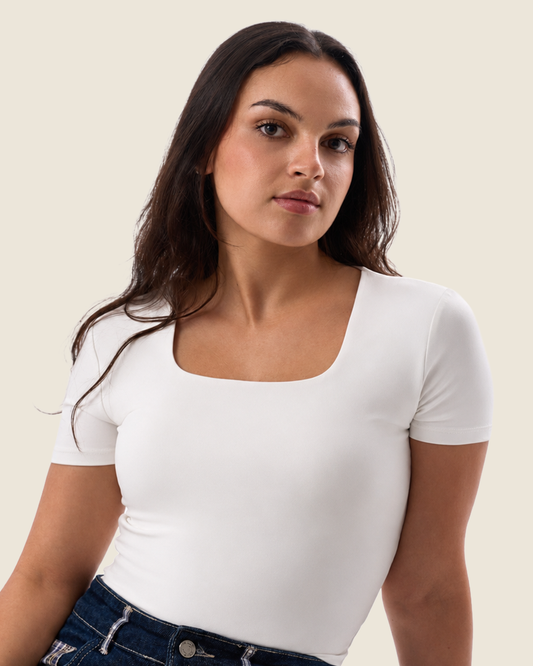 Squared Neck Short Sleeve Top - Off-White