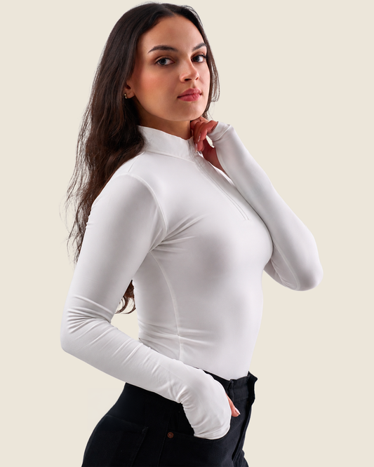 Off-White Zip Neck Long Sleeve Top – Finger Hole