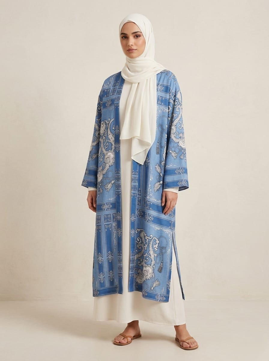 Blue Long Printed Cardigan with Side Slits