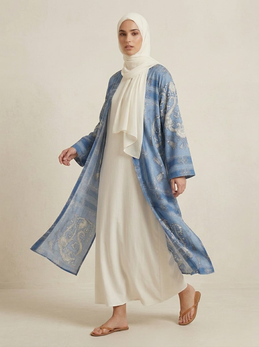 Blue Long Printed Cardigan with Side Slits