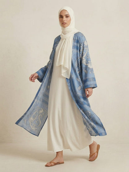 Blue Long Printed Cardigan with Side Slits