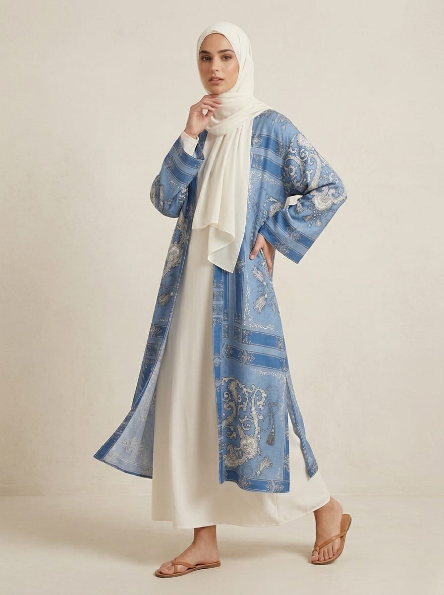 Blue Long Printed Cardigan with Side Slits