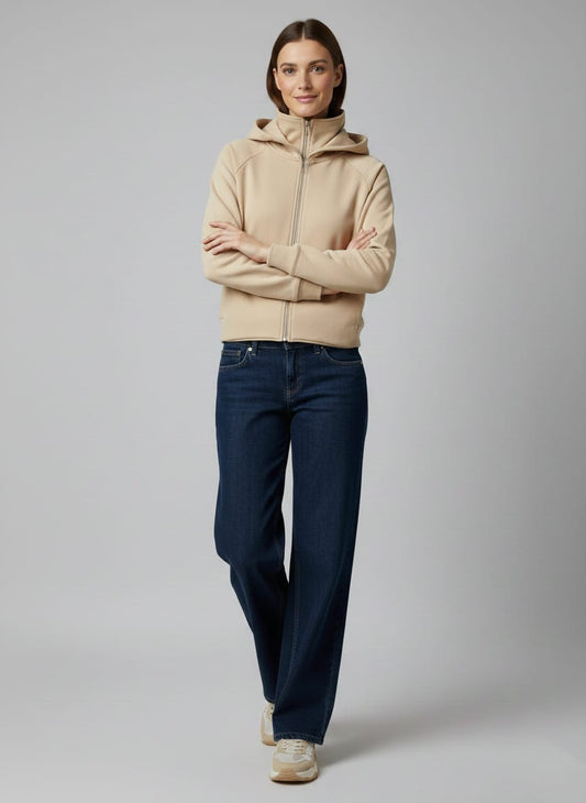 Beige High-Neck Full-Zip Hoodie