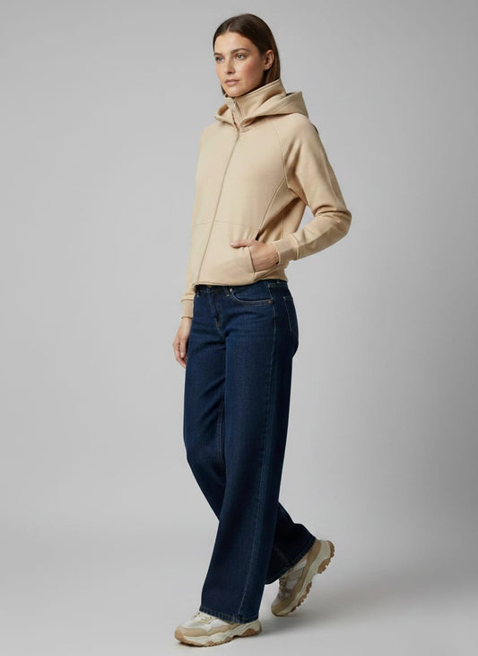 Beige High-Neck Full-Zip Hoodie