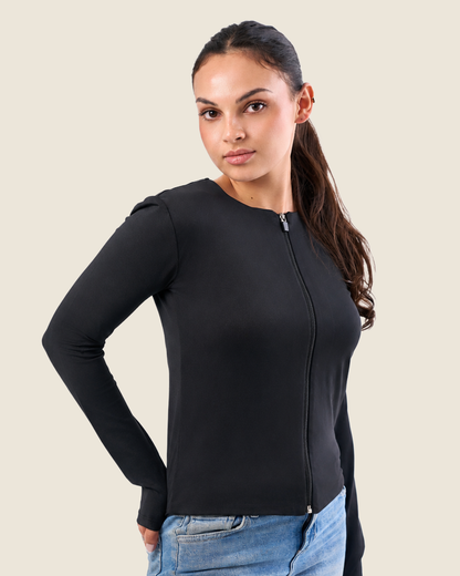 Black Classic Crew Neck Zip Up Jacket