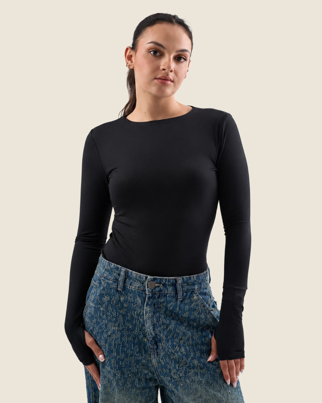 Black Bodysuit Long Sleeves Top – Finger Hole