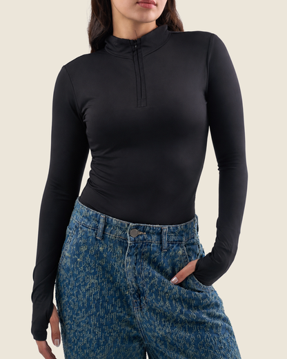 Black Zip Neck Long Sleeve Top – Finger Hole
