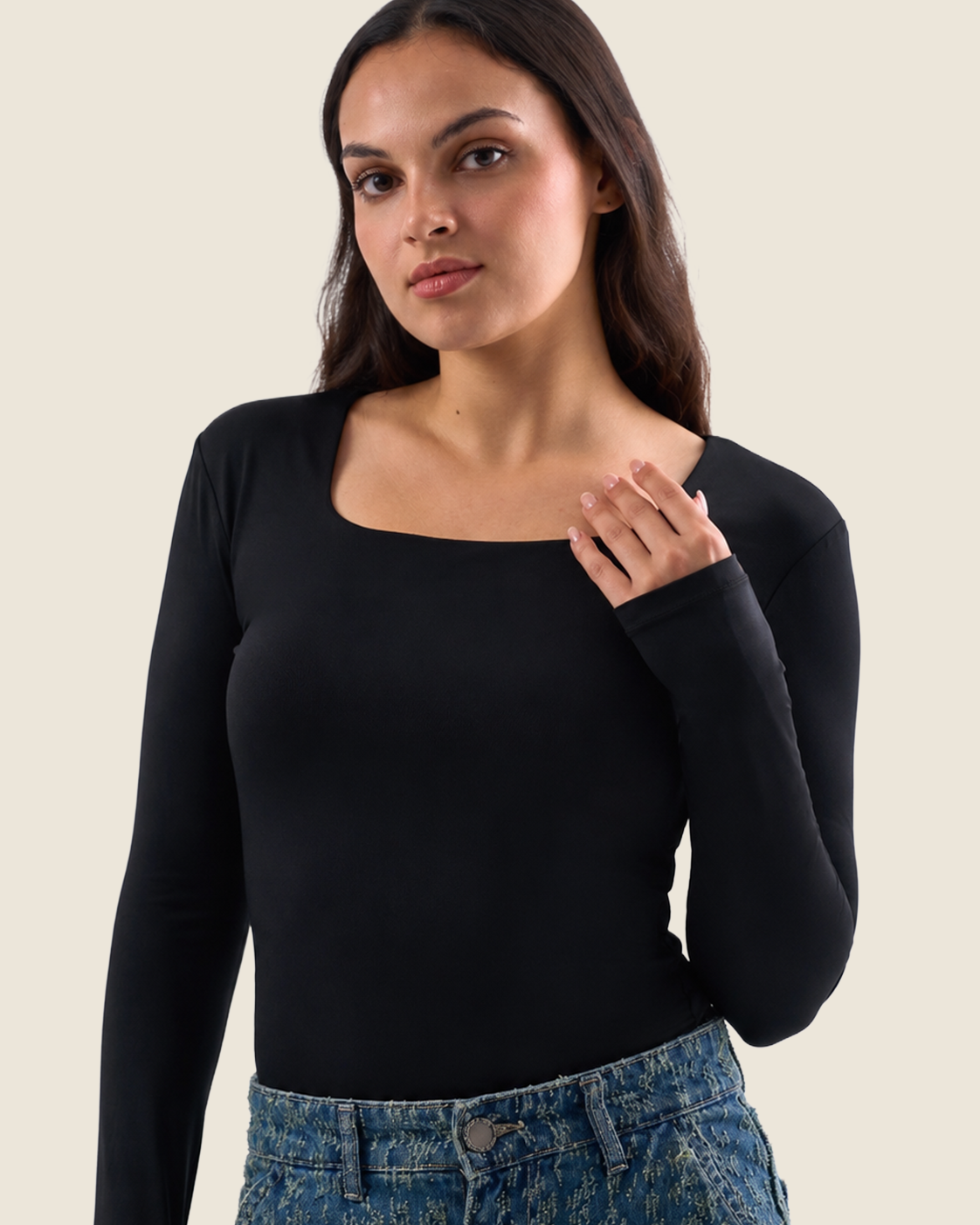 Squared Neck Long Sleeve Top - Black