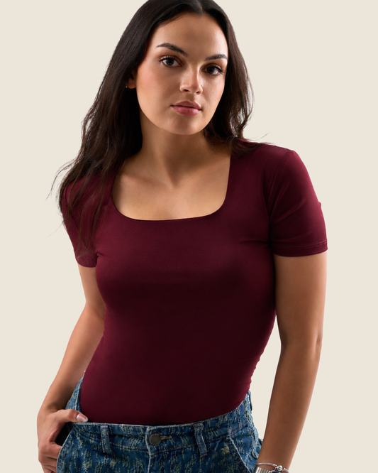 Squared Neck Short Sleeve Top - Burgundy