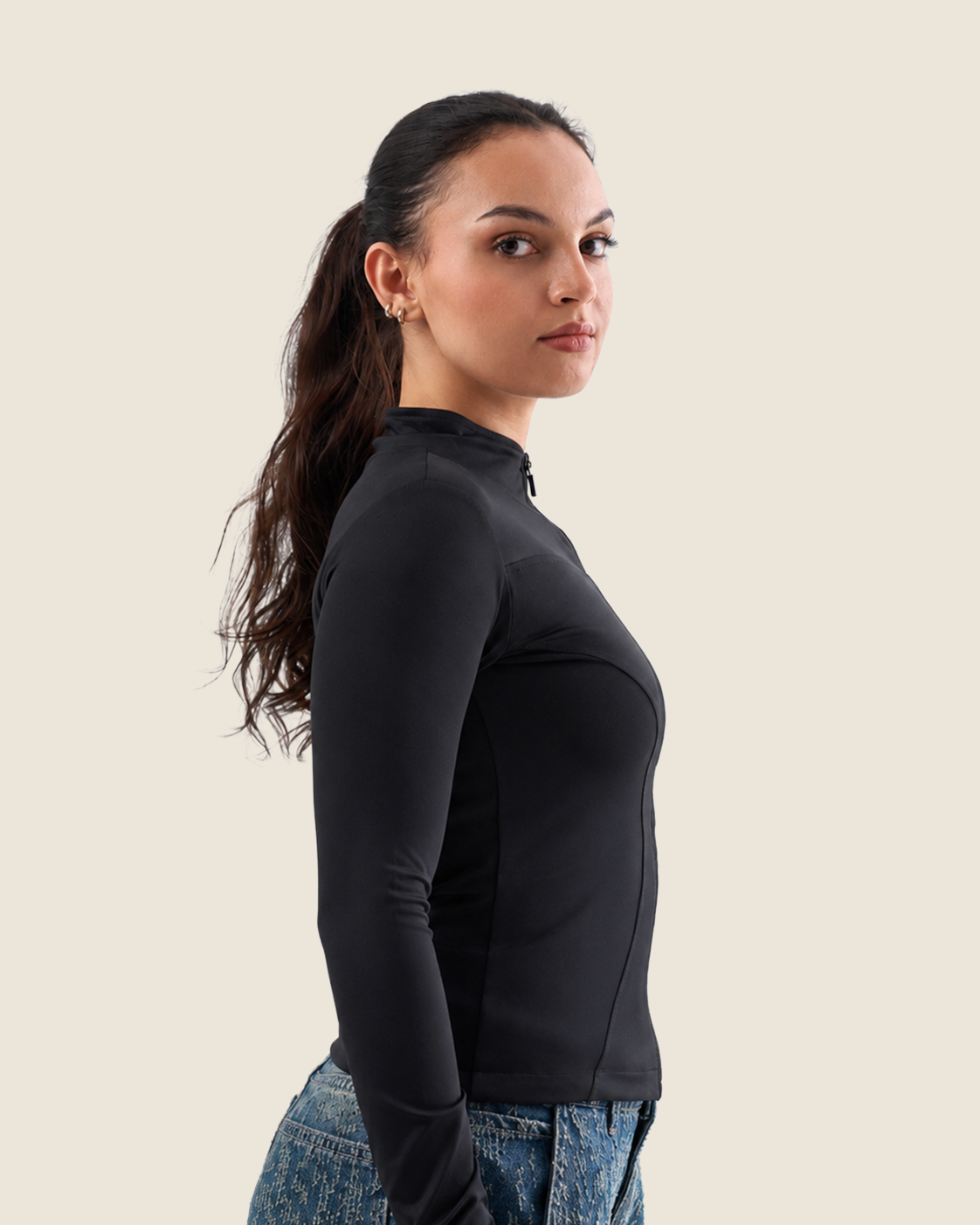Black Fitted Mock Neck Zip Up Jacket – Finger Hole