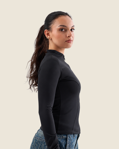 Black Fitted Mock Neck Zip Up Jacket – Finger Hole