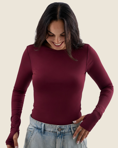 Crewneck Long Sleeve Top with Thumbhole - Burgundy