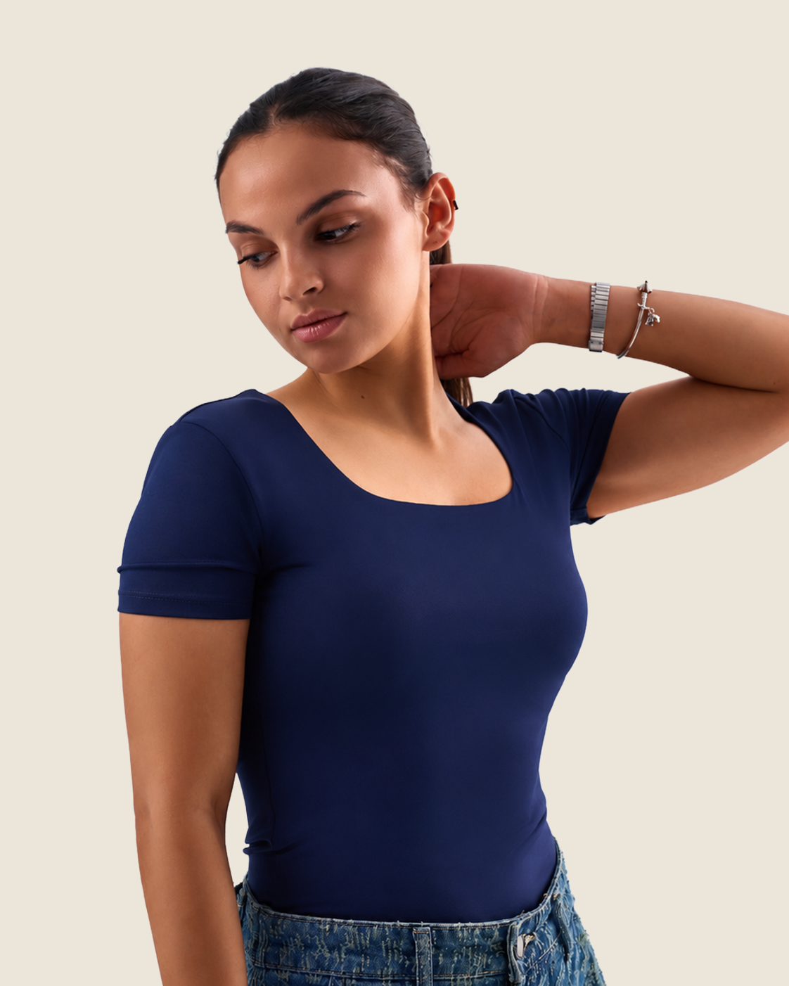 Squared Neck Short Sleeve Top - Navy Blue