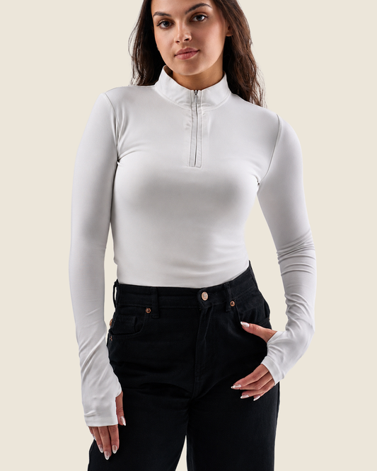Off-White Zip Neck Long Sleeve Top – Finger Hole