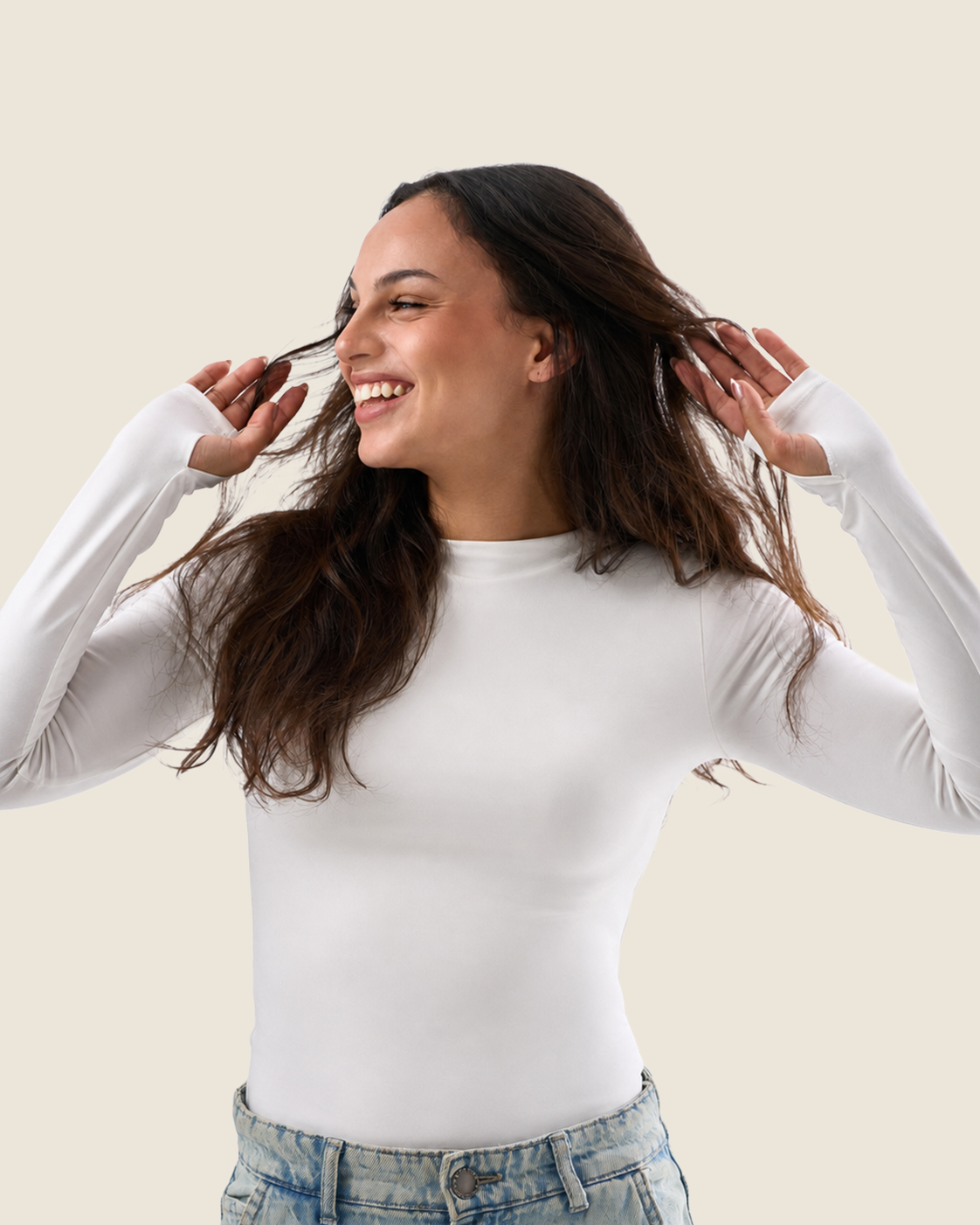 Crewneck Long Sleeve Top with Thumbhole - Off-White
