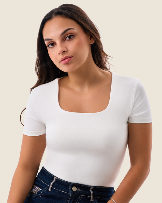 Squared Neck Short Sleeve Top - Off-White