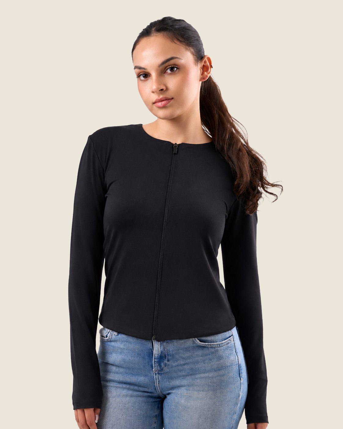 Black Classic Crew Neck Zip Up Jacket