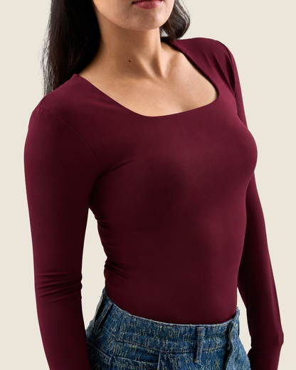 Squared Neck Long Sleeve Top - Burgundy
