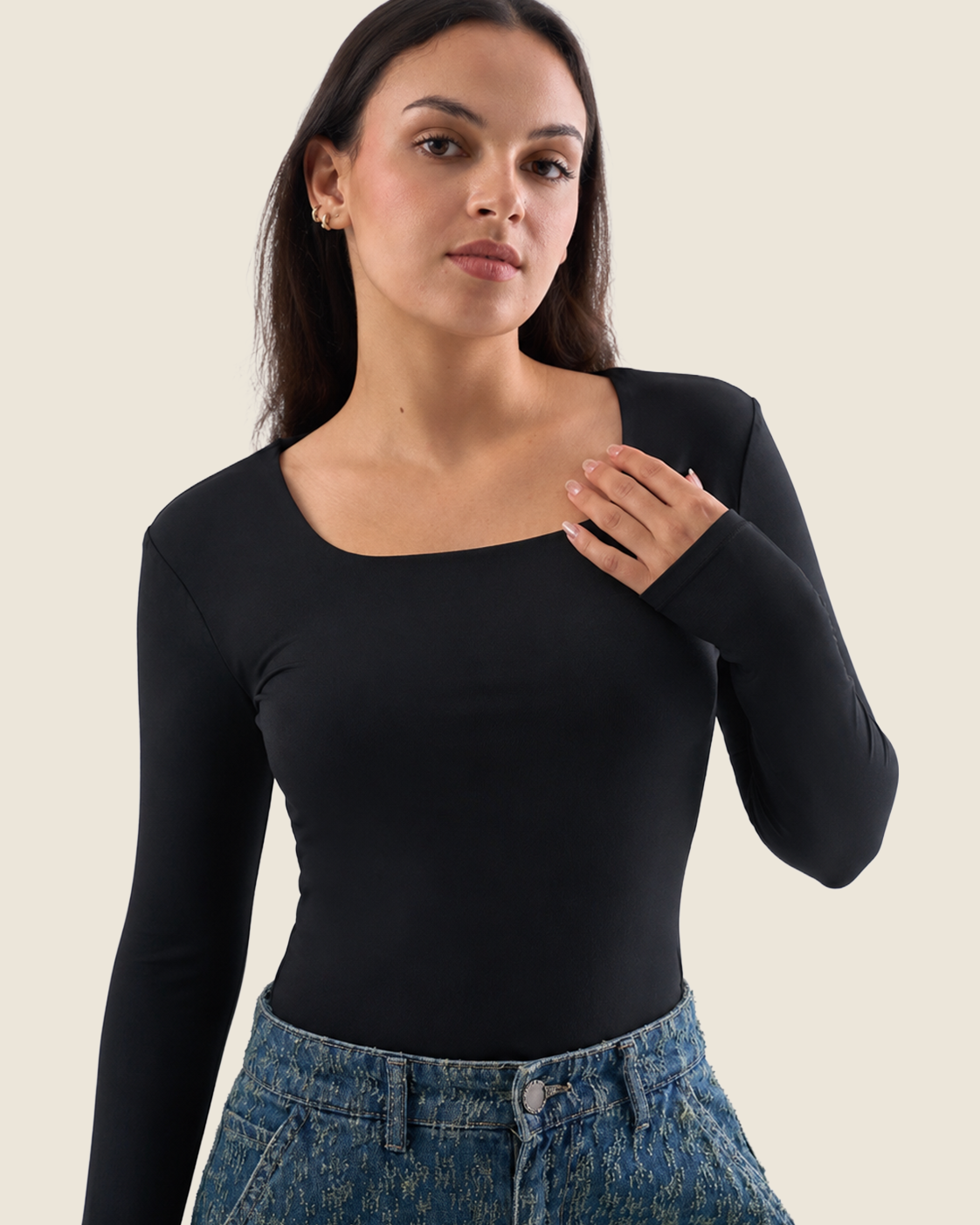 Squared Neck Long Sleeve Top - Black