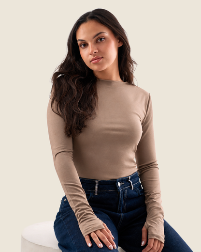 Crewneck Long Sleeve Top with Thumbhole - Cafe