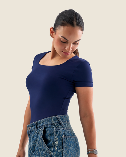 Squared Neck Short Sleeve Top - Navy Blue