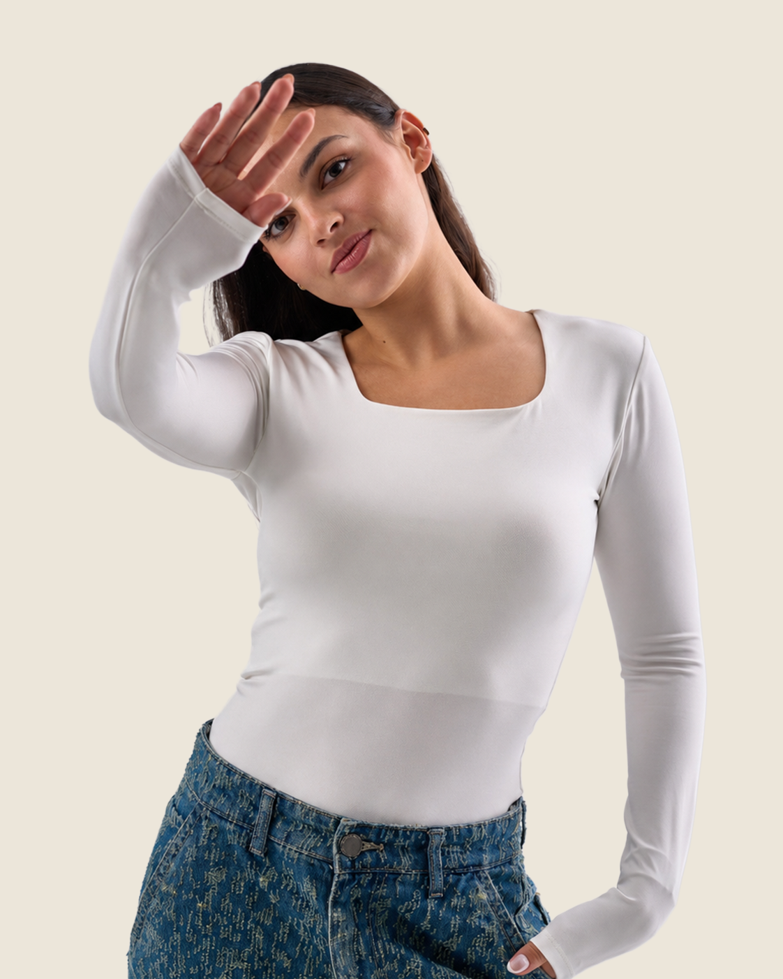 Squared Neck Long Sleeve Top - Off-White