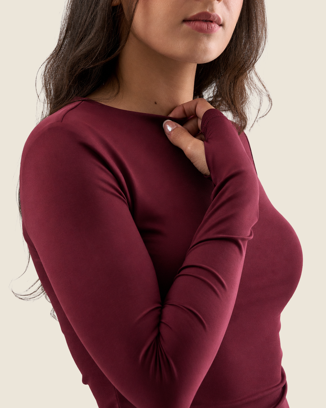 Crewneck Long Sleeve Top with Thumbhole - Burgundy