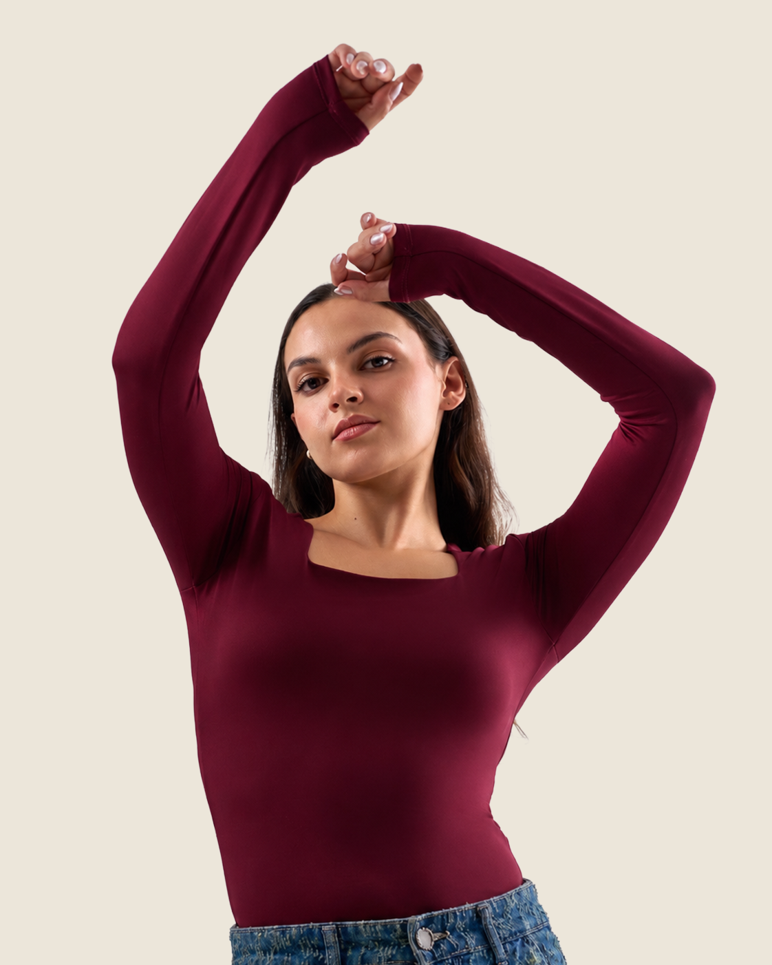 Squared Neck Long Sleeve Top - Burgundy