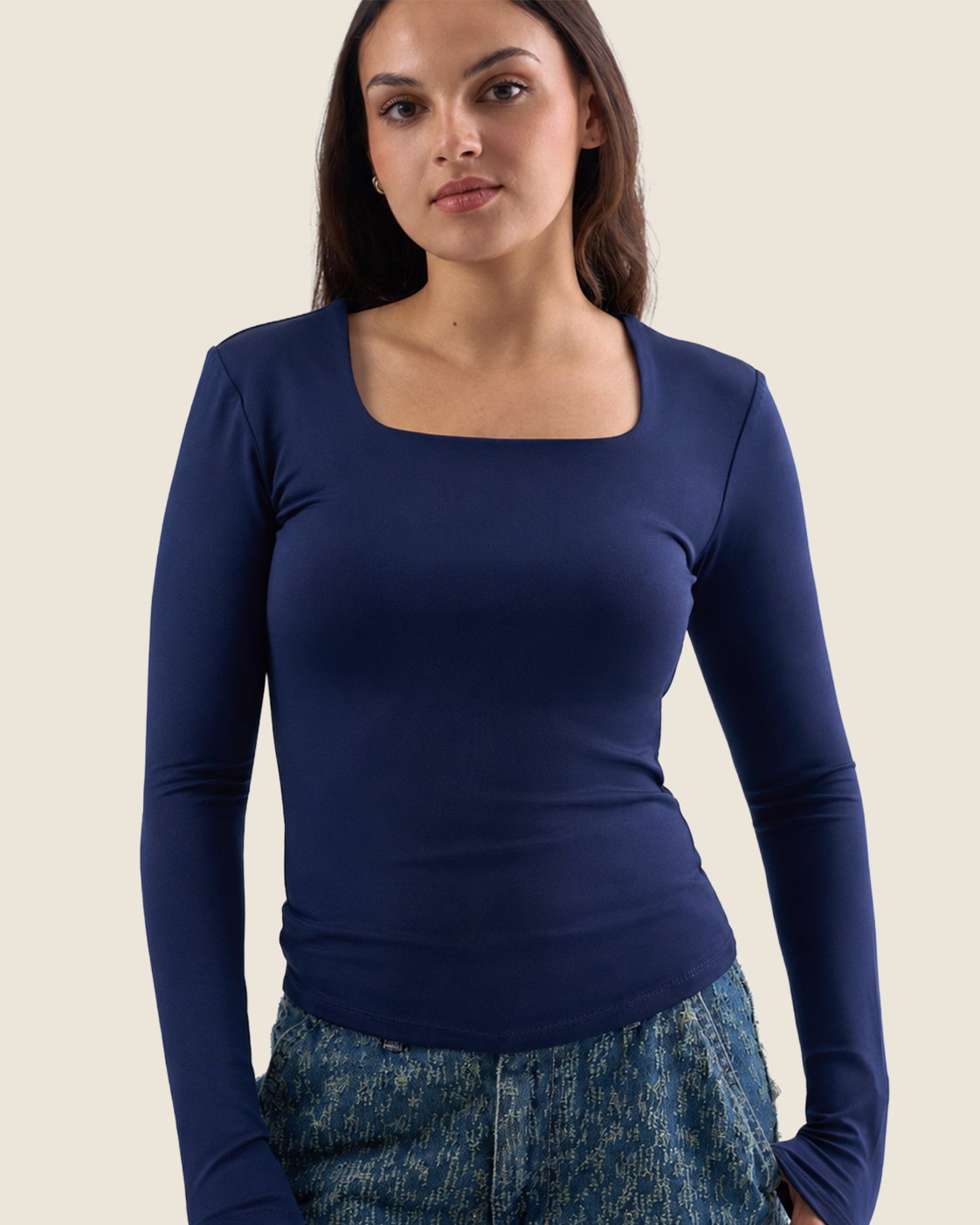 Squared Neck Long Sleeve Top - Navy Blue