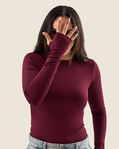 Crewneck Long Sleeve Top with Thumbhole - Burgundy