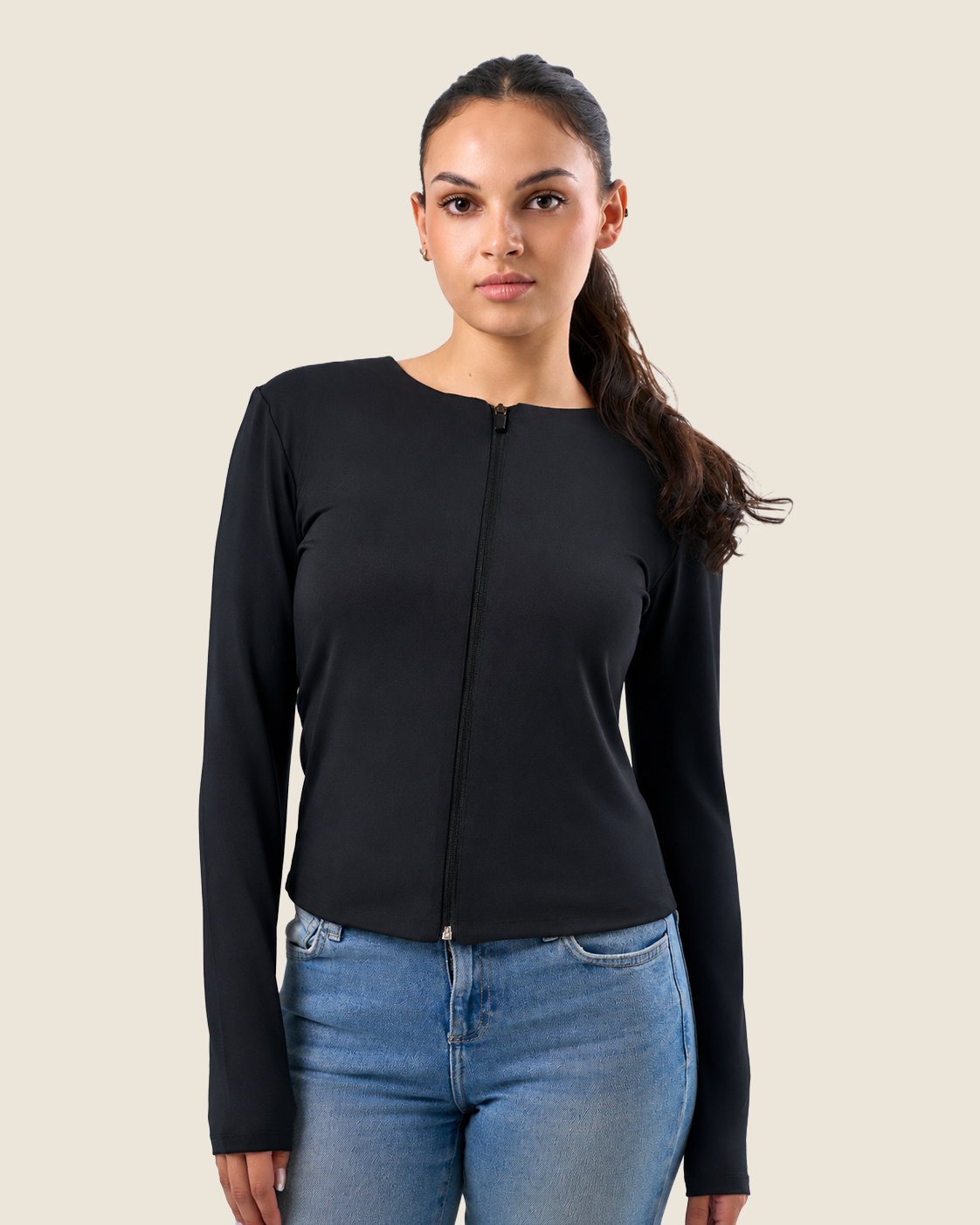Black Classic Crew Neck Zip Up Jacket
