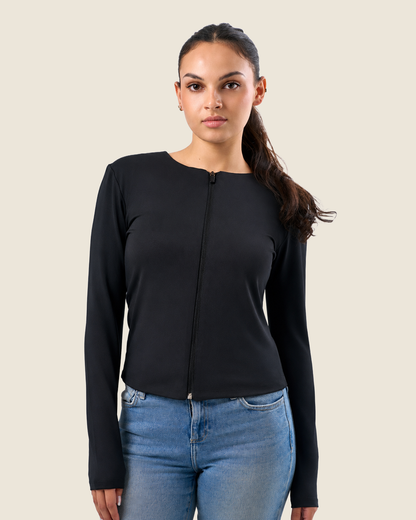 Black Classic Crew Neck Zip Up Jacket