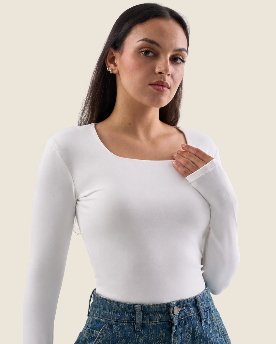Squared Neck Long Sleeve Top - Off-White