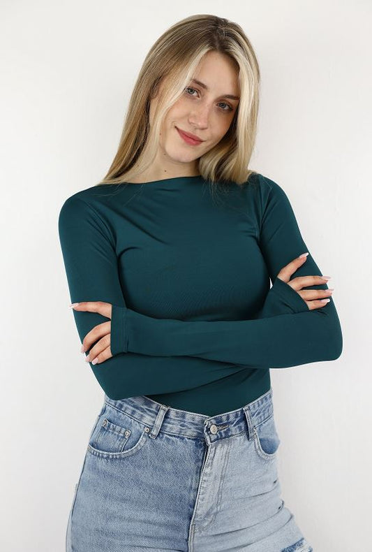 Teal Long Sleeve Top With Finger Hole