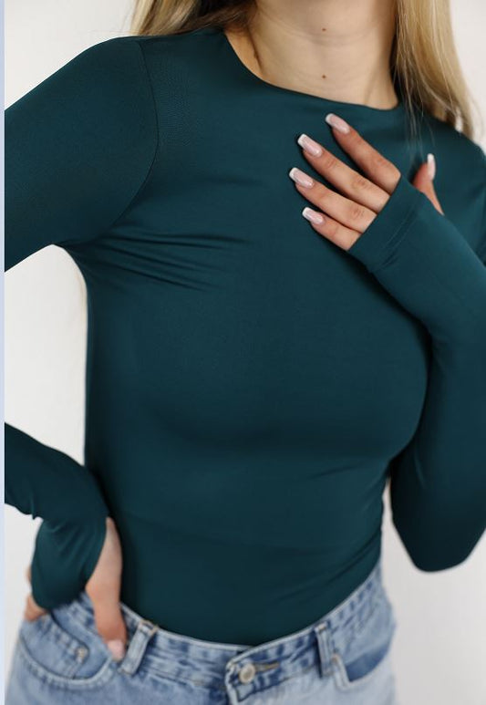 Teal Long Sleeve Top With Finger Hole
