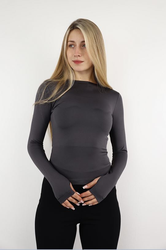 Charcoal Long Sleeve Top With Finger Hole