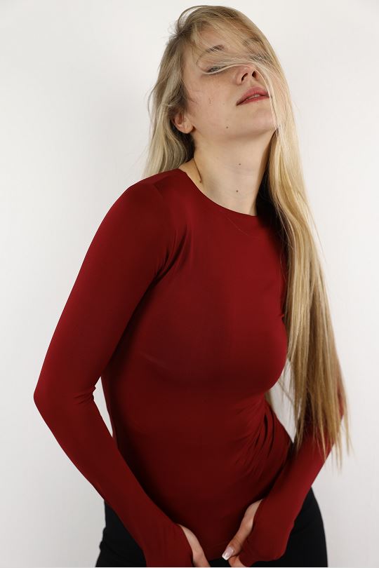 Maroon Long Sleeve Top With Finger Hole