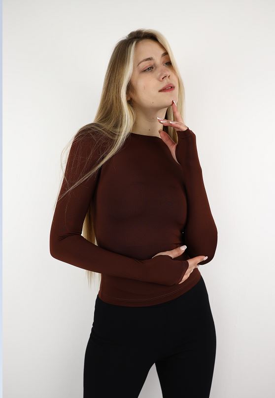 Brown Long Sleeve Top With Finger Hole