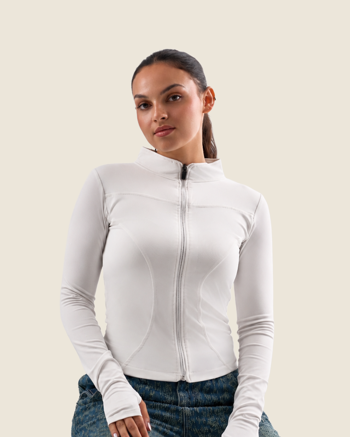 Fitted Mock Neck Zip Up Jacket – Finger Hole - Off-White