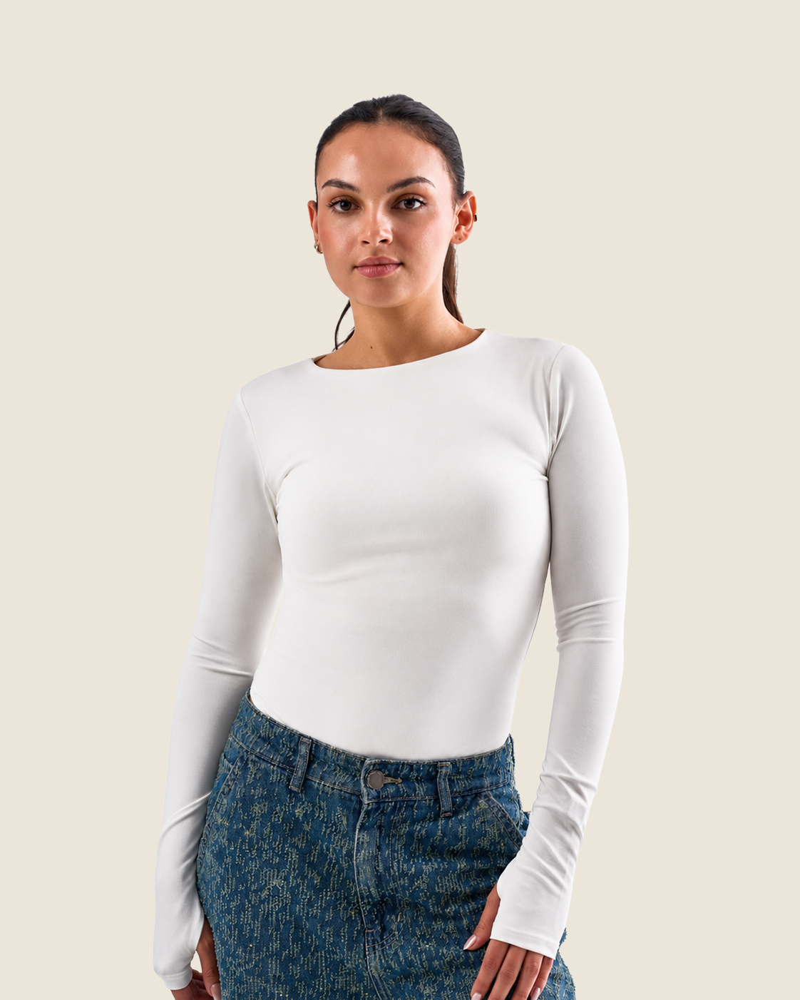 High Neck Bodysuit Long Sleeves Top – Finger Hole - Off-White