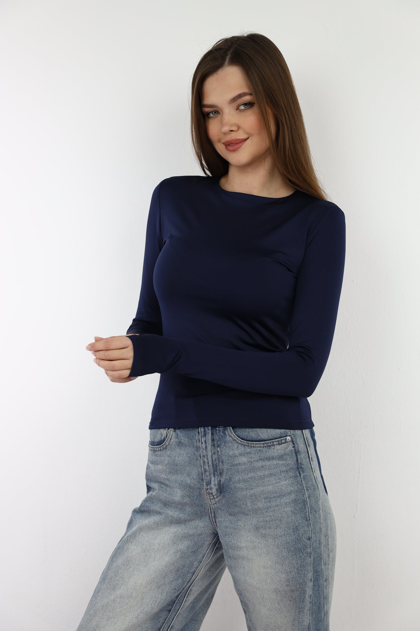 Navy Blue Long Sleeve Top with Finger Hole